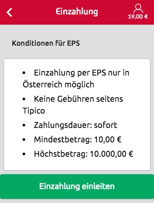 Limits und Infos zur eps Einzahlung bei Tipico in der Tipico App Version