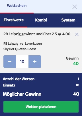 Sky Bet RB Leipzig vs. Leverkusen Wettschein mit Quotenboost