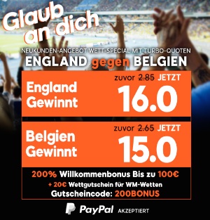 888sport Quotenboost England vs. Belgien