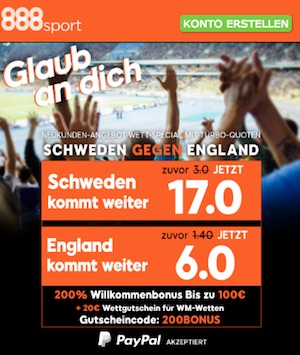 Schweden gegen England Quotenboost bei 888sport