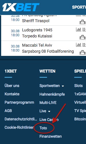1xBet Toto Footer Menü