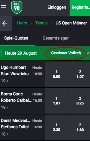 Bet90 US Open Quoten