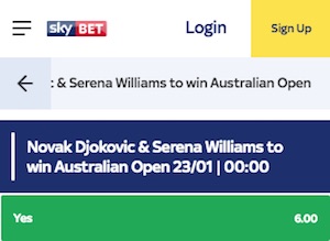 Skybet erhöhte Quoten Djokovic + Williams AUS Open 2019 Sieger