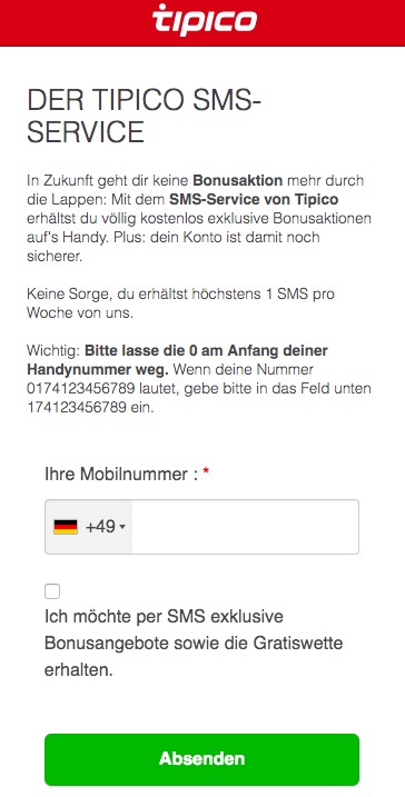 SMS Service von Tipico