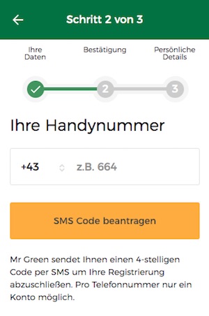mr. green sms code