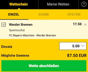 Bwin Bayern vs. Werder Wettschein