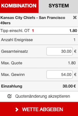 Tipwin Kansas City Chiefs vs. 49ers Wette