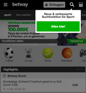 Betway App Design mit Suchfunktion