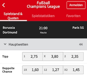 Tipico Dortmund vs. Paris Quoten