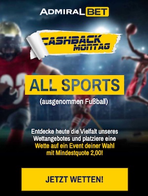 Cashback Montag all sports bei Admiralbet