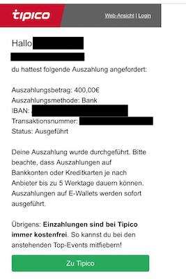 Tipico Bank Transfer Auszahlung durchgeführt