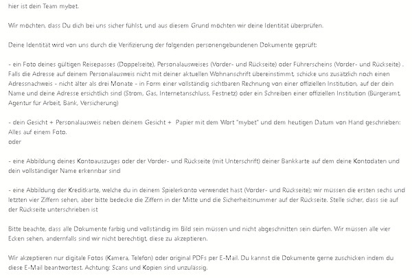 Verifizierung Infos bei Mybet