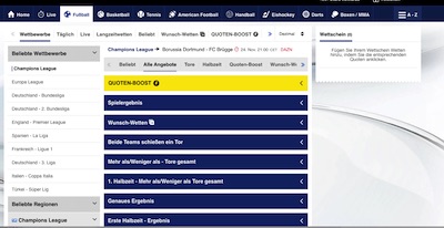 Wettmarkt Auswahl Champions League