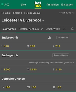 Bet365 Leicester Liverpool Quoten