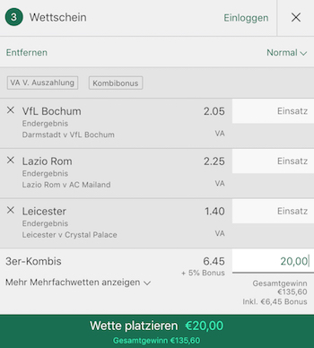 Bet365 Wettschein Kombiwette Europa
