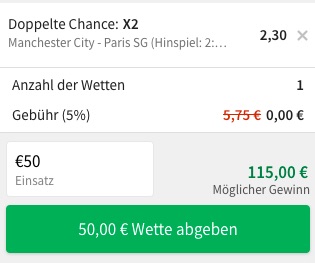 PSG Doppechance Quote gegen Man City Tipico