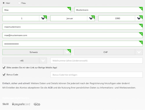 bei Bahigo registrieren