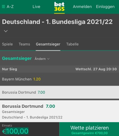 Meister Quote BVB Bet365