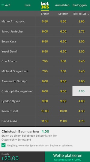Bet365 AUT SCO Quoten