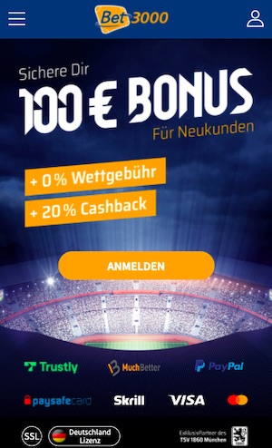 Bet3000 Willkommensbonus