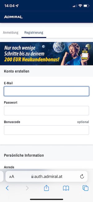 Admiral App Registrierung