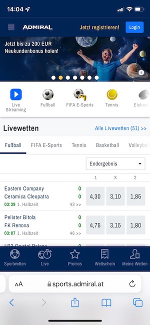 Admiral App Wettangebot