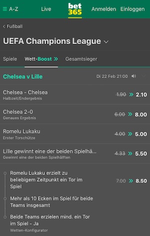 Bet365 Chelsea Lille Quotenboost