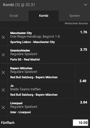 Unibet Champions League Wette 4er Kombi