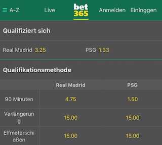 Real Madrid Paris SG Quoten Bet365