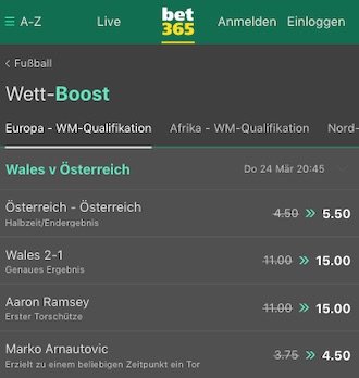 Wales Österreich Wett Boosts bei bet365