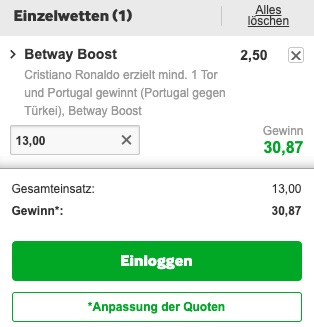 Ronaldo Portugal Quotenboost vs Türkei bei Betway