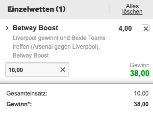 Arsenal Liverpool Quotenboost bei Betway