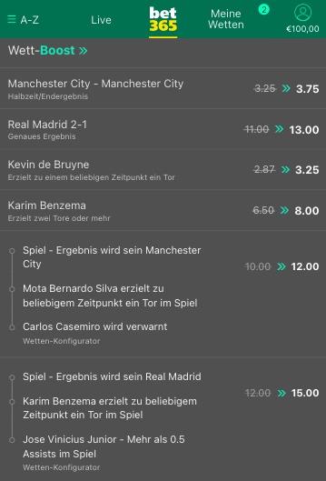 bet365 Boost zu Real Madrid vs Man City