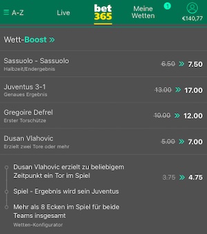 bet365 Quoten zu Sassuolo Juve
