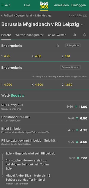 Borussia M´Gladbach RB Leipzig Quoten bet365