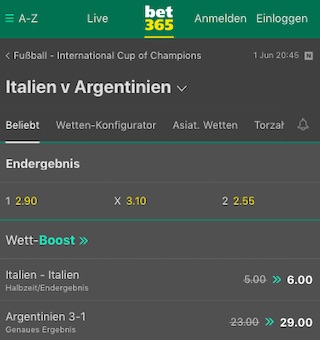 Italien vs Argentinien Wett Boost Bet365