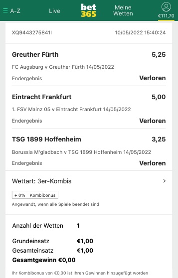 bet365 Wette abgerechnet