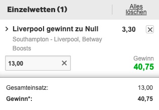 Southampton Liverpool Quotenboost bei Betway