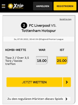 XTiP Liverpool vs Tottenham Quoten Boost