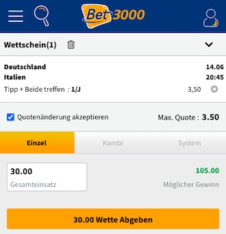 Bet3000 Deutschland Italien - Sieg GER & beide Teams treffen