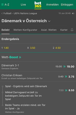 bet365 Dänemark vs Österreich Wettquoten zur Nations League
