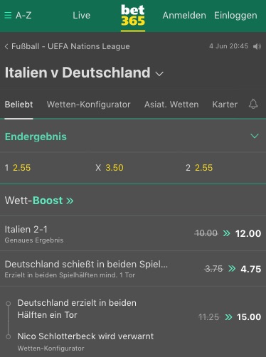 Erhöhte Quoten zu Italien vs Deutschland in der Nations League bei bet365