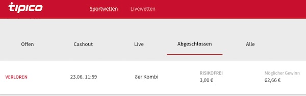 Wette verloren bei Tipico