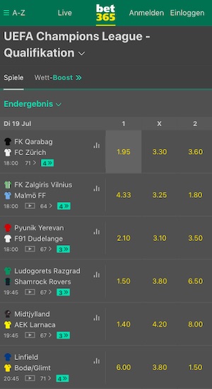 Champions League Quali Runde 2 bei bet365