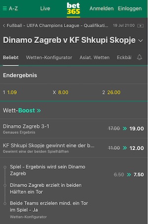 Dinamo Zagreb vs Skopje Quoten bei bet365