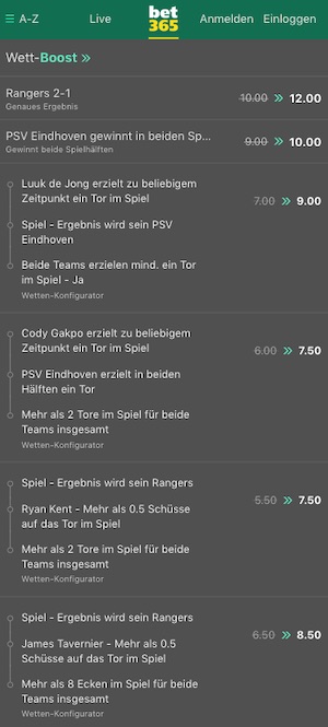 Quotenboosts zu Rangers vs Eindhoven bei bet365