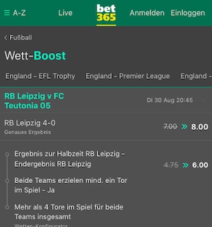 Leipzig vs Teutonia erhöhte Quoten bei bet365