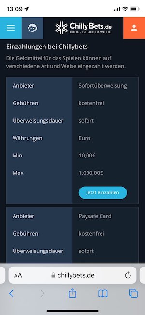 Chillybet Einzahlungsmethoden