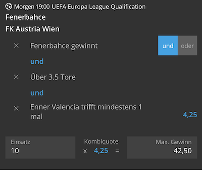 Wettschein von Neobet für das Spiel Fenerbahce gegen Austria Wien