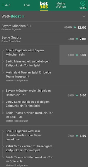 Bet365 Bayern vs Leverkusen Quotenboosts